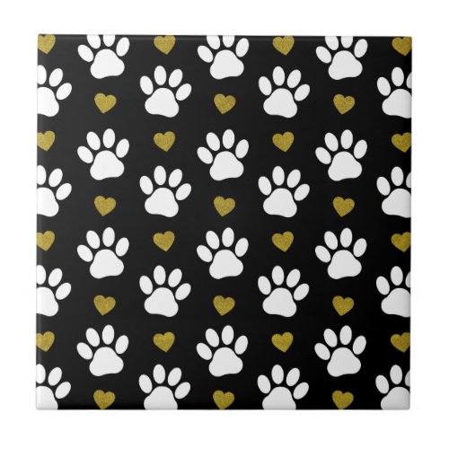 Pattern Of Paws Dog Paws White Paws Gold Hearts Ceramic Tile