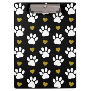 Pattern Of Paws, Dog Paws, White Paws, Gold Hearts Clipboard