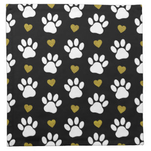 Pattern Of Paws, Dog Paws, White Paws, Gold Hearts Cloth Napkin