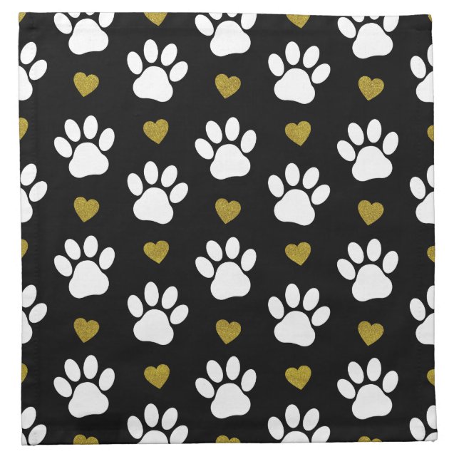 Pattern Of Paws, Dog Paws, White Paws, Gold Hearts Cloth Napkin (Front)