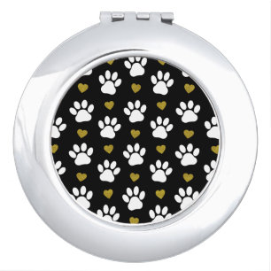 Pattern Of Paws, Dog Paws, White Paws, Gold Hearts Compact Mirror