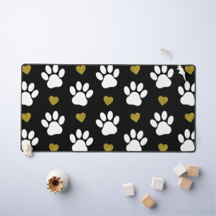 Pattern Of Paws, Dog Paws, White Paws, Gold Hearts Desk Mat