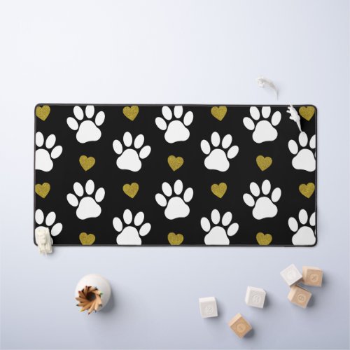 Pattern Of Paws Dog Paws White Paws Gold Hearts Desk Mat