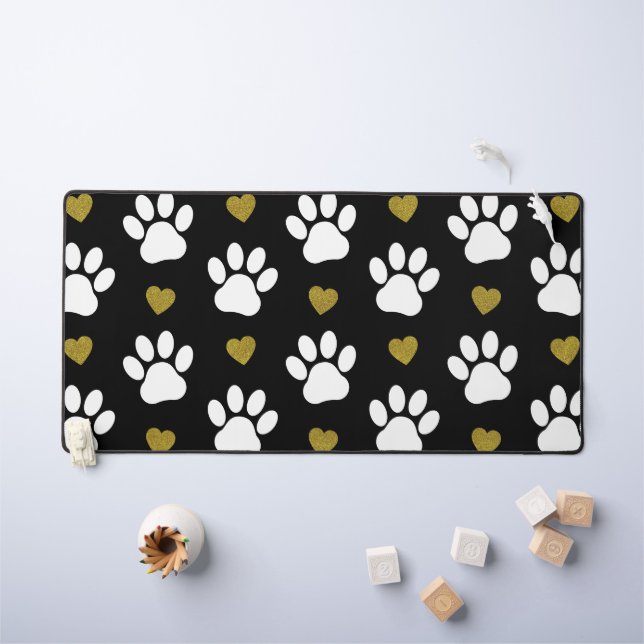 Pattern Of Paws, Dog Paws, White Paws, Gold Hearts Desk Mat (Kids Table)