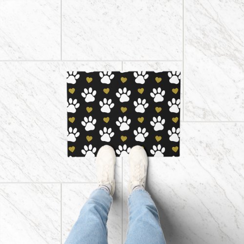 Pattern Of Paws Dog Paws White Paws Gold Hearts Doormat