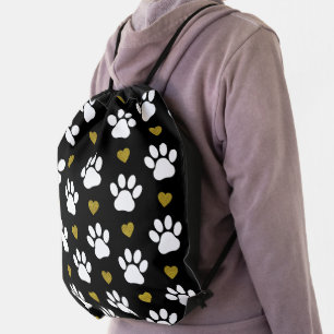 Pattern Of Paws, Dog Paws, White Paws, Gold Hearts Drawstring Bag