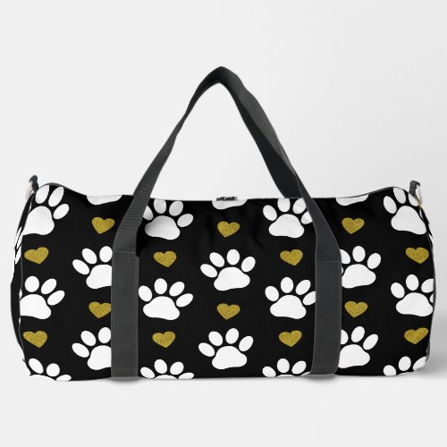 Pattern Of Paws Dog Paws White Paws Gold Hearts Duffle Bag