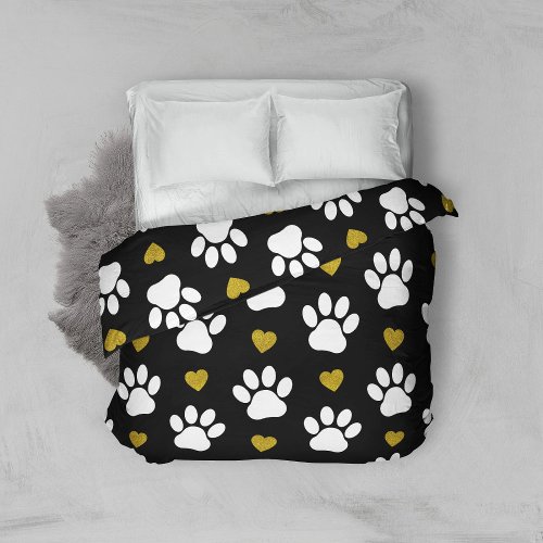 Pattern Of Paws Dog Paws White Paws Gold Hearts Duvet Cover