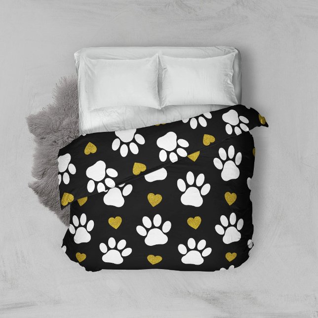 Pattern Of Paws, Dog Paws, White Paws, Gold Hearts Duvet Cover (Creator Uploaded)