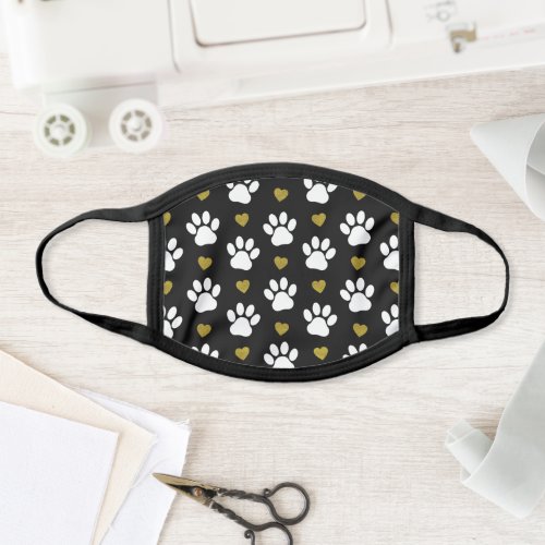Pattern Of Paws Dog Paws White Paws Gold Hearts Face Mask