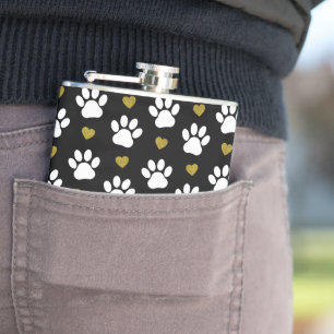 Pattern Of Paws, Dog Paws, White Paws, Gold Hearts Flask