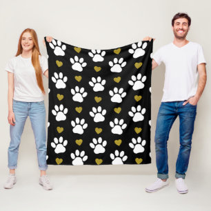 Pattern Of Paws, Dog Paws, White Paws, Gold Hearts Fleece Blanket