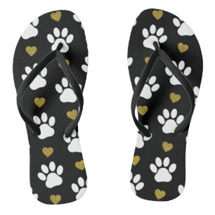 Pattern Of Paws, Dog Paws, White Paws, Gold Hearts Flip Flops