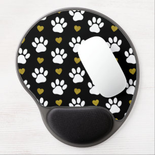 Pattern Of Paws, Dog Paws, White Paws, Gold Hearts Gel Mouse Pad