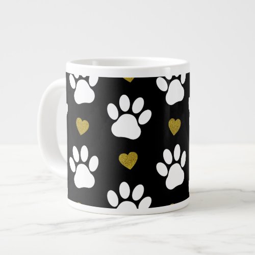 Pattern Of Paws Dog Paws White Paws Gold Hearts Giant Coffee Mug