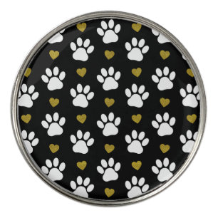 Pattern Of Paws, Dog Paws, White Paws, Gold Hearts Golf Ball Marker