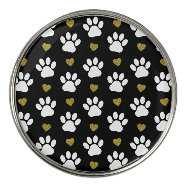 Pattern Of Paws, Dog Paws, White Paws, Gold Hearts Golf Ball Marker (Front)