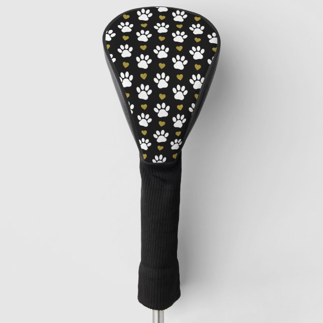 Pattern Of Paws, Dog Paws, White Paws, Gold Hearts Golf Head Cover (Front)