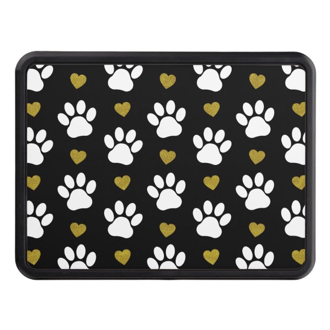 Pattern Of Paws, Dog Paws, White Paws, Gold Hearts Hitch Cover (Front)