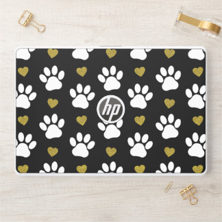 Pattern Of Paws, Dog Paws, White Paws, Gold Hearts HP Laptop Skin
