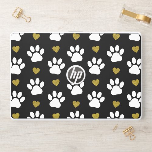 Pattern Of Paws Dog Paws White Paws Gold Hearts HP Laptop Skin