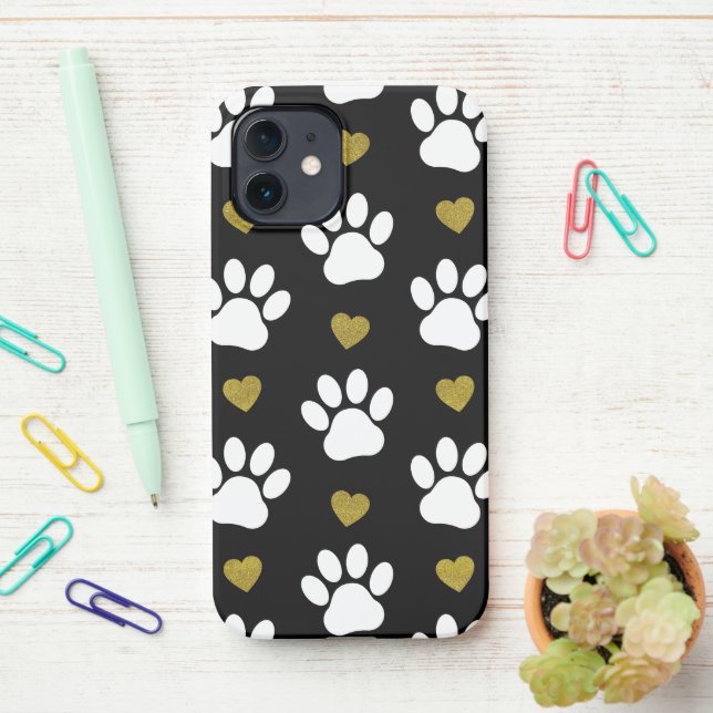 Pattern Of Paws, Dog Paws, White Paws, Gold Hearts iPhone Case (On Desk)
