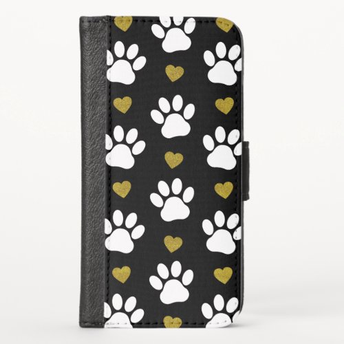 Pattern Of Paws Dog Paws White Paws Gold Hearts iPhone X Wallet Case