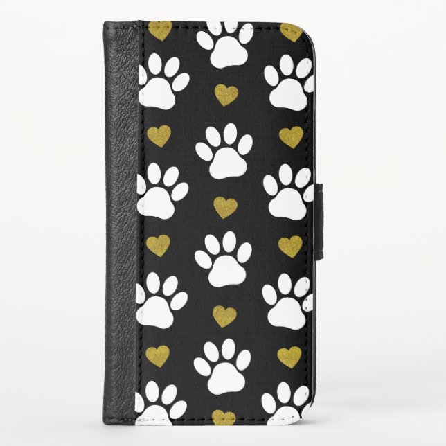 Pattern Of Paws, Dog Paws, White Paws, Gold Hearts iPhone Wallet Case (Front)