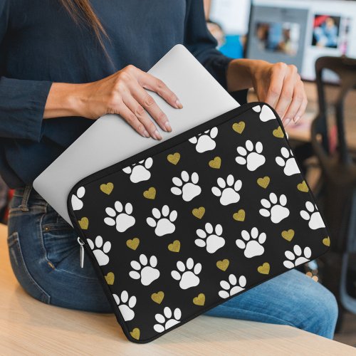 Pattern Of Paws Dog Paws White Paws Gold Hearts Laptop Sleeve