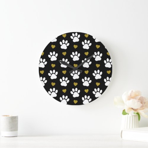 Pattern Of Paws Dog Paws White Paws Gold Hearts Large Clock