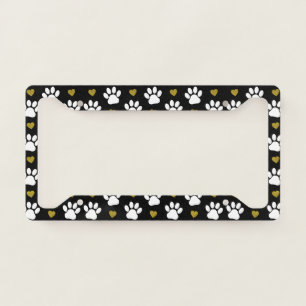 Pattern Of Paws, Dog Paws, White Paws, Gold Hearts License Plate Frame