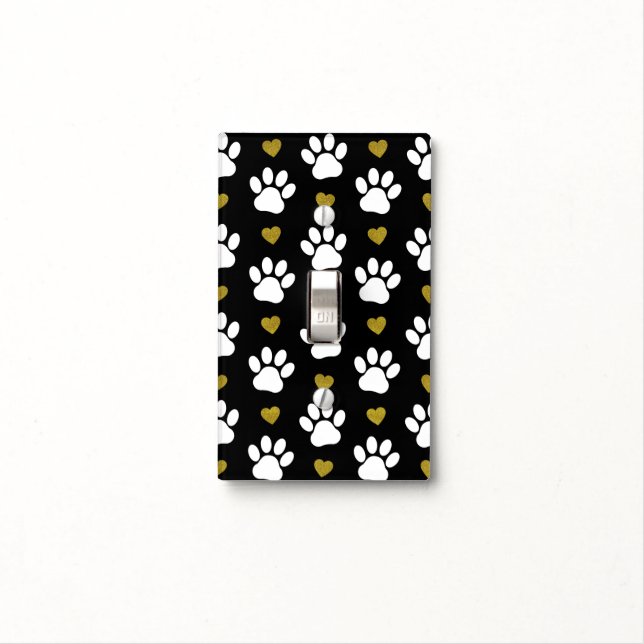 Pattern Of Paws, Dog Paws, White Paws, Gold Hearts Light Switch Cover (In Situ)