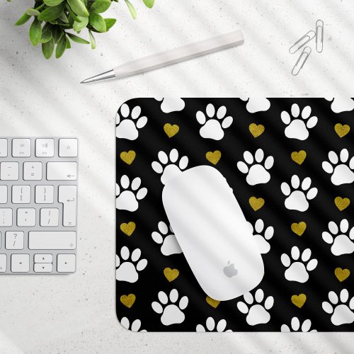 Pattern Of Paws Dog Paws White Paws Gold Hearts Mouse Pad