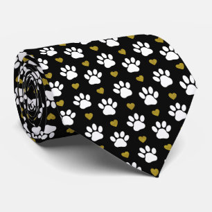 Pattern Of Paws, Dog Paws, White Paws, Gold Hearts Neck Tie