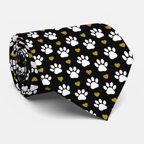 Pattern Of Paws Dog Paws White Paws Gold Hearts Neck Tie
