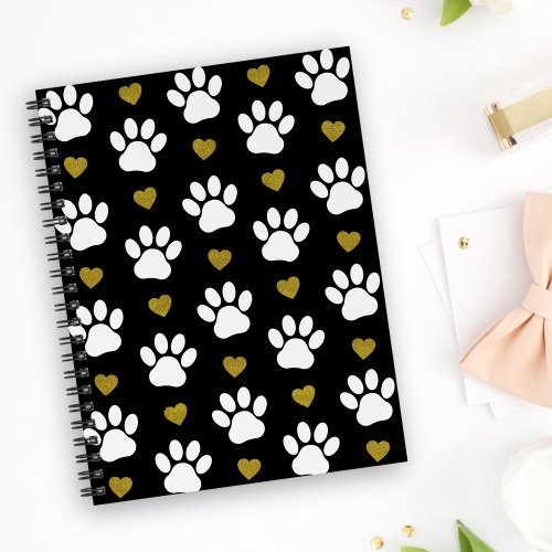 Pattern Of Paws Dog Paws White Paws Gold Hearts Notebook