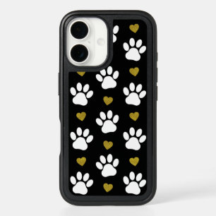 Pattern Of Paws, Dog Paws, White Paws, Gold Hearts iPhone 16 Case