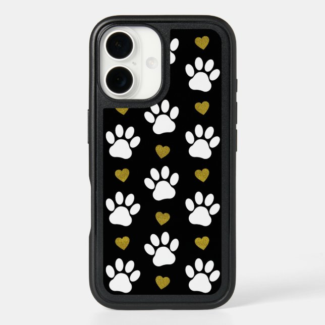 Pattern Of Paws, Dog Paws, White Paws, Gold Hearts Otterbox iPhone Case (Back)
