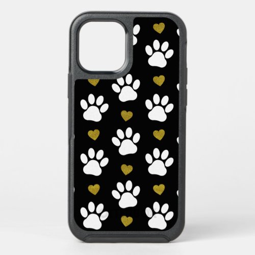 Pattern Of Paws Dog Paws White Paws Gold Hearts OtterBox Symmetry iPhone 12 Case