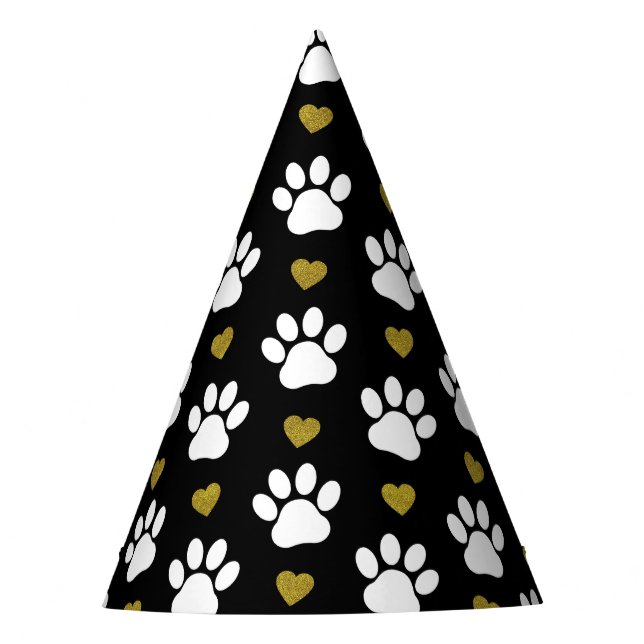Pattern Of Paws, Dog Paws, White Paws, Gold Hearts Party Hat (Front)