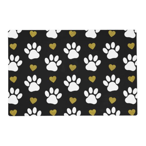 Pattern Of Paws Dog Paws White Paws Gold Hearts Placemat