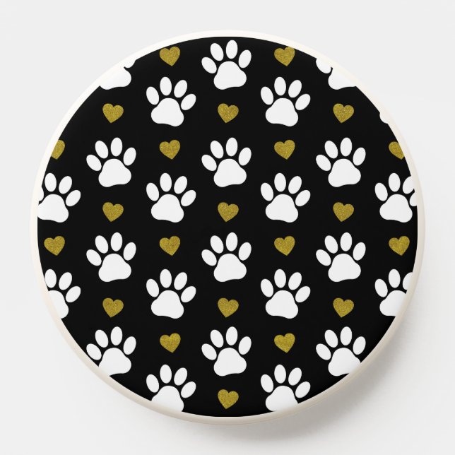 Pattern Of Paws, Dog Paws, White Paws, Gold Hearts PopSocket (Popsocket)
