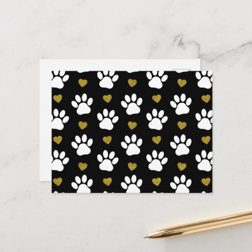 Pattern Of Paws Dog Paws White Paws Gold Hearts Postcard