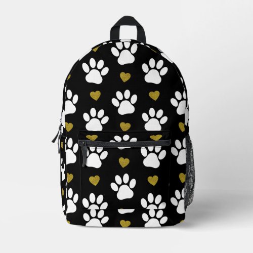 Pattern Of Paws Dog Paws White Paws Gold Hearts Printed Backpack