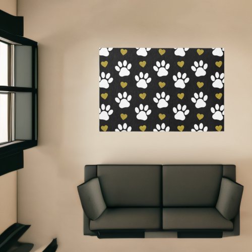 Pattern Of Paws Dog Paws White Paws Gold Hearts Rug