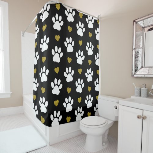 Pattern Of Paws Dog Paws White Paws Gold Hearts Shower Curtain