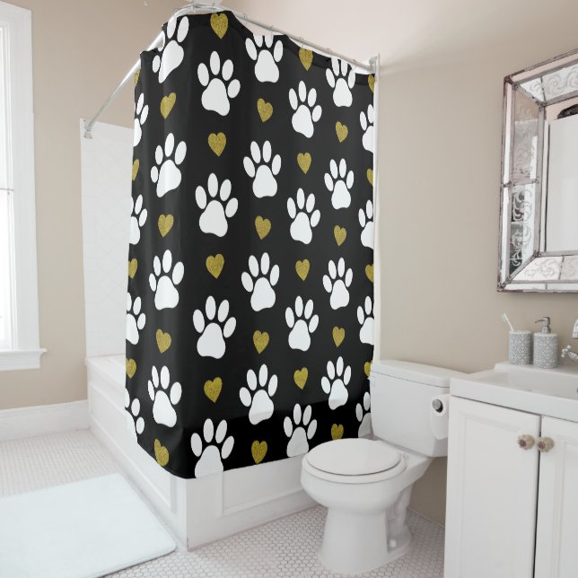 Pattern Of Paws, Dog Paws, White Paws, Gold Hearts Shower Curtain (In Situ)