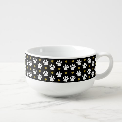 Pattern Of Paws Dog Paws White Paws Gold Hearts Soup Mug