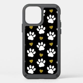 Pattern Of Paws, Dog Paws, White Paws, Gold Hearts Speck iPhone 12 Case