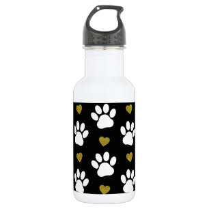 Pattern Of Paws, Dog Paws, White Paws, Gold Hearts Stainless Steel Water Bottle